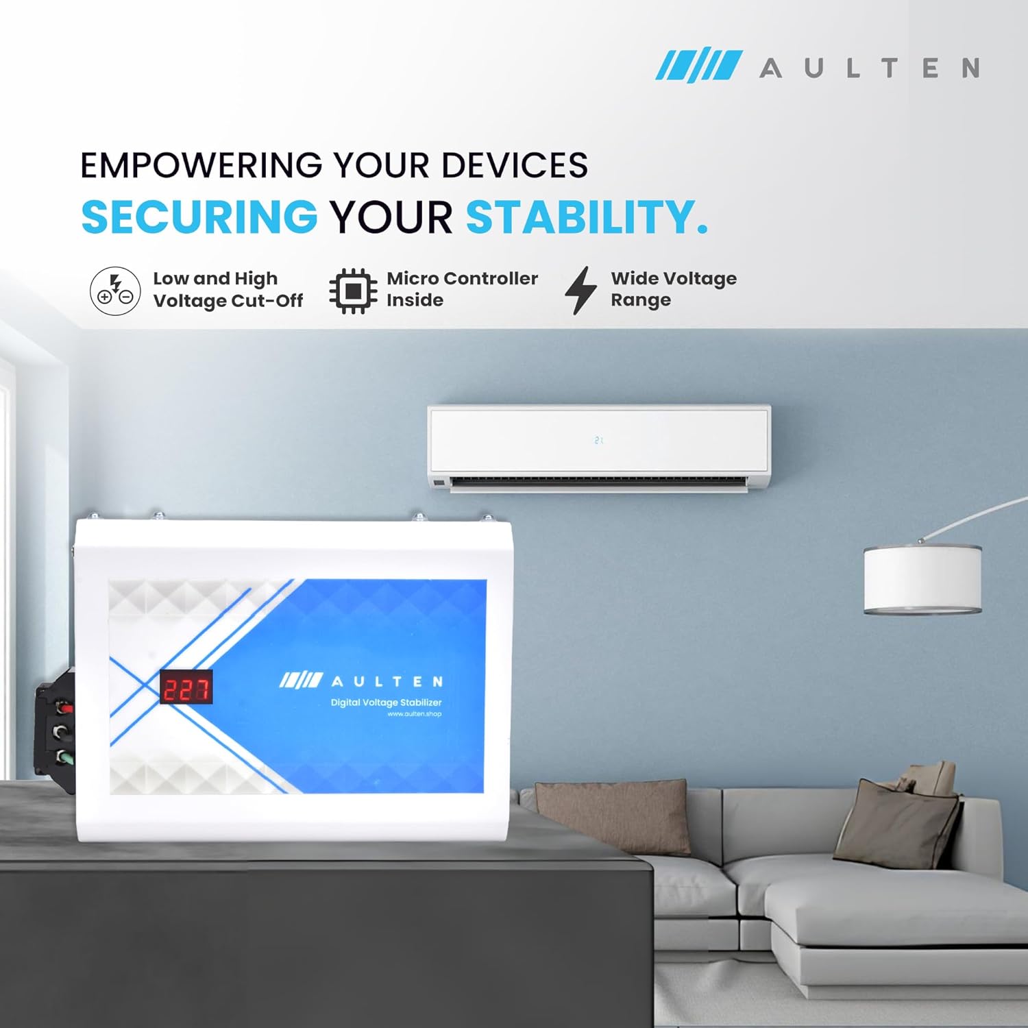AULTEN Digital Voltage Stabilizer for All Inverter and Non Inverter AC AD008 (Grey) - Image 2